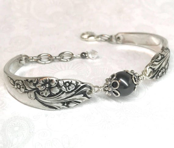 Spoon Bracelet with Black Crystal Pearl, Silverware Jewelry, 'Evening Star' 1950