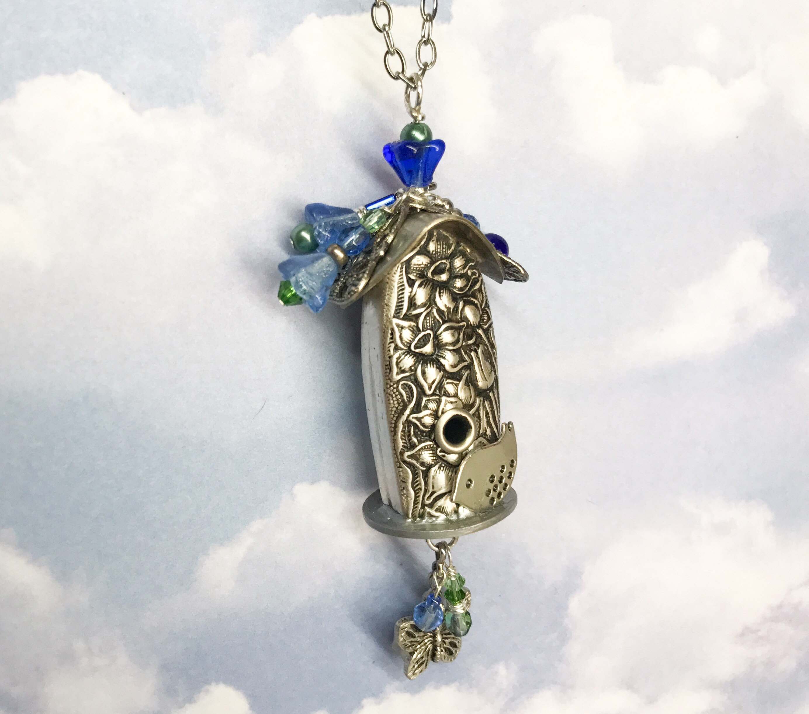 Birdhouse pendant necklace created from vintage knife handle