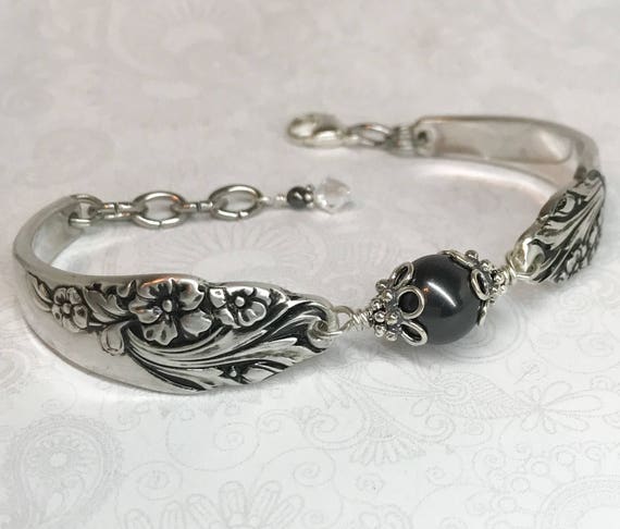 Spoon Bracelet with Black Crystal Pearl, Silverware Jewelry, 'Evening Star' 1950