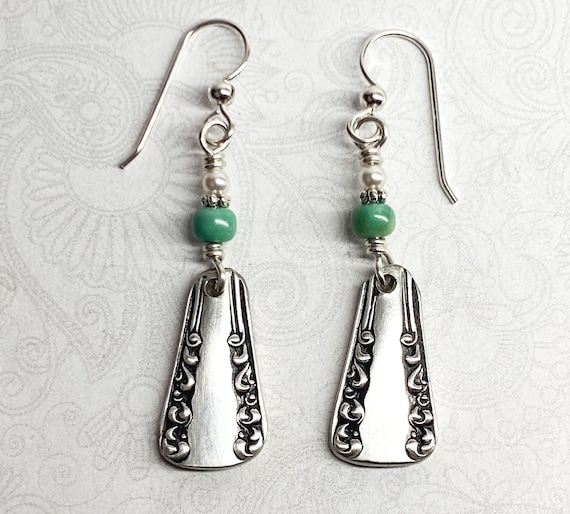 Antique Spoon Earrings, Genuine Turquoise, Dangle Earrings, Silverware Jewelry "Avon" 1901