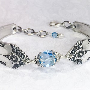 Spoon Bracelet, Aquamarine Swarovski Crystals & Sterling Silver Components, 'Starlight' 1950, Birthstone Bracelet, Silverware Jewelry, image 2