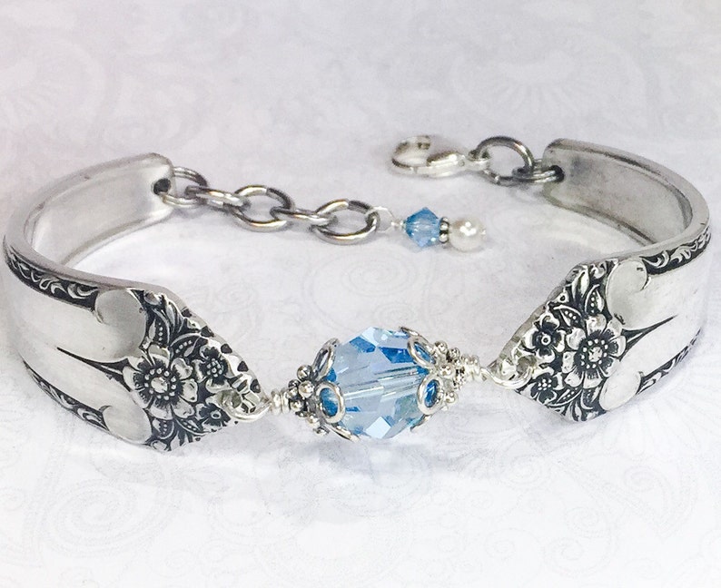 Spoon Bracelet, Aquamarine Swarovski Crystals & Sterling Silver Components, 'Starlight' 1950, Birthstone Bracelet, Silverware Jewelry, image 2