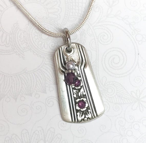 Spoon Necklace Pendant, Swarovski Amethyst Crystals, Silverware Jewelry, 'Louisiane' 1938