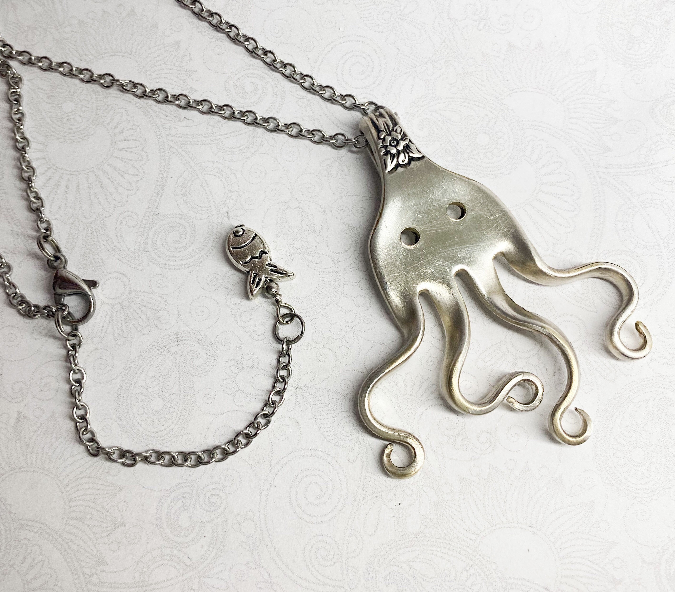 Octopus Fork Necklace, Fork Pendant, Unique Silverware Jewelry