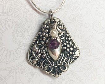 Antique Spoon Necklace Pendant, White Pearl, Amethyst Crystal, 'Vintage Grapes' 1904, Silverware Jewelry, Wine Lover Gift