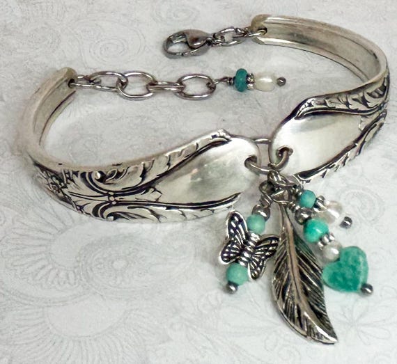 Silver Spoon Bracelet, Turquoise Heart, White Pearls, Butterfly, 'Avalon' 1940, Silverware Jewelry