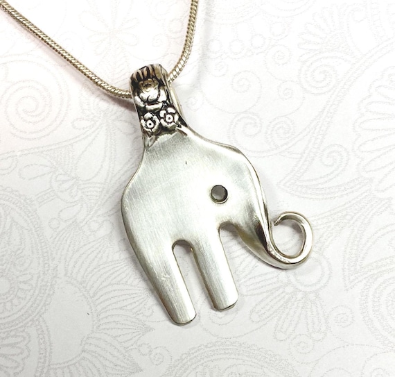 Baby Elephant Fork Necklace, Cocktail Fork Pendant, Elephant Necklace, Silverware Jewelry