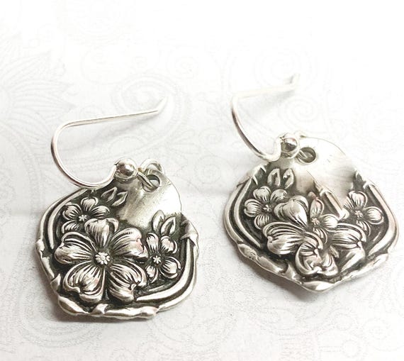Antique Spoon Earrings, Dangle Earrings, Silverware Jewelry, "Arbutus" 1908