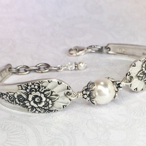 Silver Spoon Bracelet, White Pearls, Silverware Jewelry, Jubilee 1953 image 2