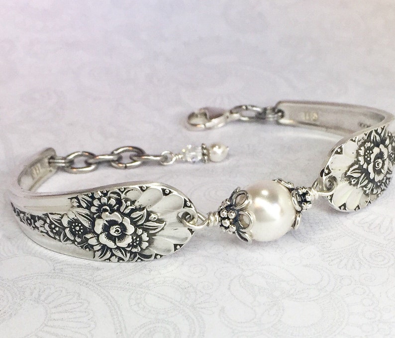 Silver Spoon Bracelet, White Pearls, Silverware Jewelry, Jubilee 1953 image 2