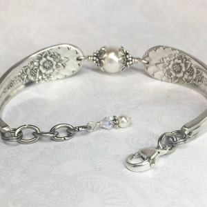 Silver Spoon Bracelet, White Pearls, Silverware Jewelry, Jubilee 1953 image 3