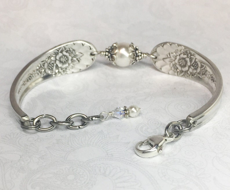 Silver Spoon Bracelet, White Pearls, Silverware Jewelry, Jubilee 1953 image 3