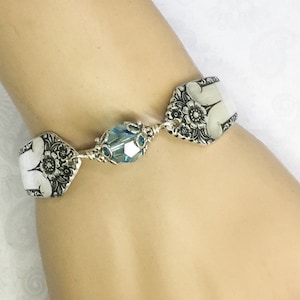 Spoon Bracelet, Aquamarine Swarovski Crystals & Sterling Silver Components, 'Starlight' 1950, Birthstone Bracelet, Silverware Jewelry, image 4