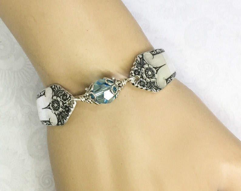 Spoon Bracelet, Aquamarine Swarovski Crystals & Sterling Silver Components, 'Starlight' 1950, Birthstone Bracelet, Silverware Jewelry, image 4