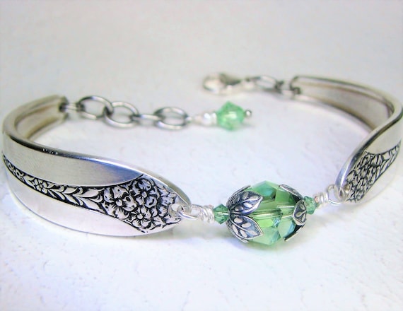 Customizable Spoon Bracelet, Peridot Crystals, Spoon Jewelry - 'Princess Royal' 1930