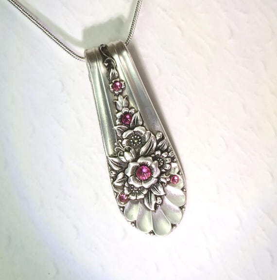 Spoon Necklace, 'Jubilee' 1953, Pink Swarovski Crystal Spoon Jewelry, October Birthstone Pendant