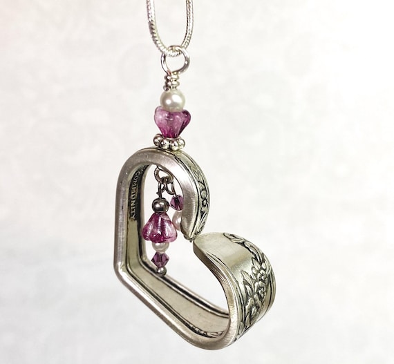 Floating Heart Spoon Necklace, Amethyst Flower Beads, White Pearls, Silverware Jewelry, "Queen Bess" 1946