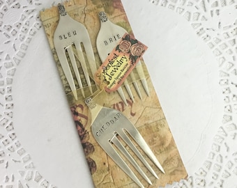 Fork Cheese Markers, Hand Stamped Vintage Forks, Bleu, Brie, Cheddar - Gift Set of 3