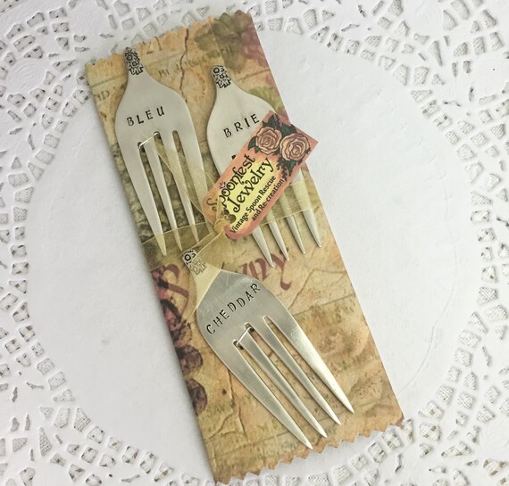 Fork Cheese Markers, Hand Stamped Vintage Forks, Bleu, Brie, Cheddar - Gift Set of 3