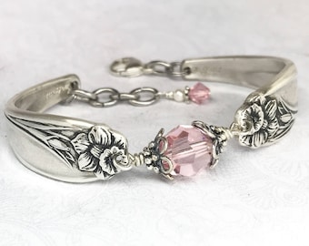 Silver Spoon Bracelet, Light Pink Crystals, White Pearl, Spoon Jewelry, 'Daffodil' 1950, Customizable Spring Bracelet