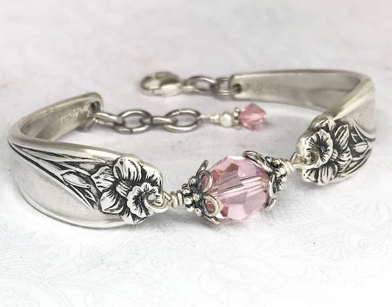 Silver Spoon Bracelet, Light Pink Crystals, White Pearl, Spoon Jewelry, 'Daffodil' 1950, Customizable Spring Bracelet