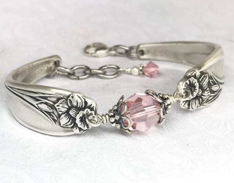 Silver Spoon Bracelet, Light Pink Crystals, White Pearl, Spoon Jewelry, 'Daffodil' 1950, Customizable Spring Bracelet image 1