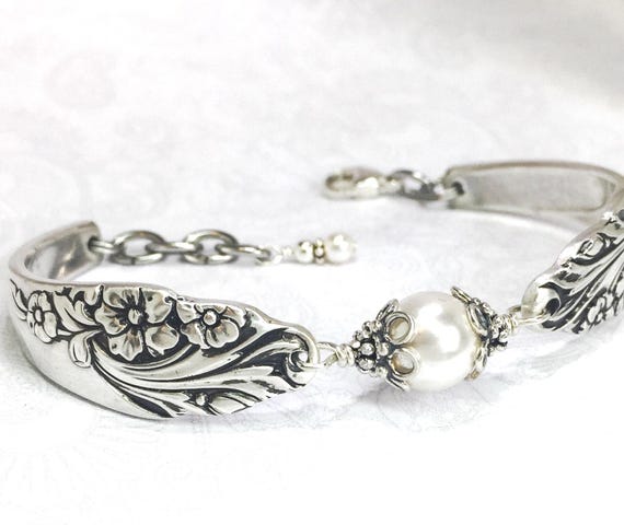 Silver Spoon Bracelet with White Crystal Pearls, Silverware Jewelry, 'Evening Star' 1950