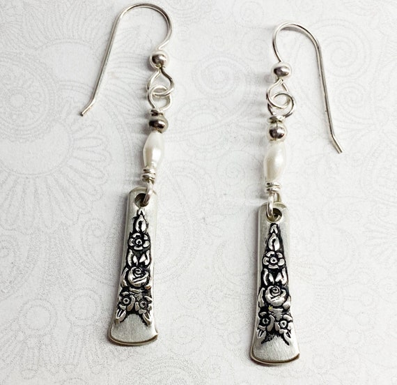 Petite Spoon Earrings, White Pearls, Silverware Jewelry, "Holiday" 1951