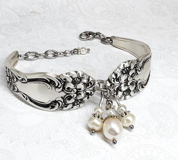 Antique Floral Spoon Bracelet, Clear Crystals, White Pearls, Adjustable Silverware Bracelet, "Tiger Lily" 1901