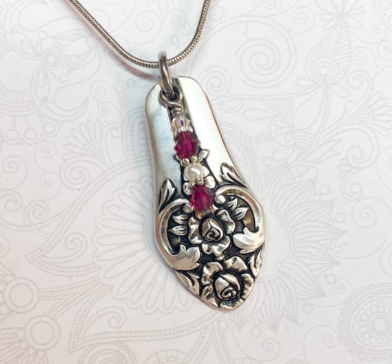 Spoon Necklace, Spoon Pendant, Ruby Swarovski Crystals, White Pearl, Plantation 1948, Spoon Jewelry