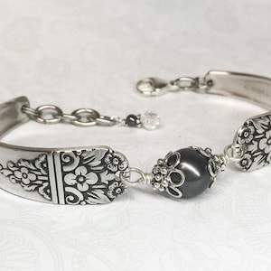 Vintage Spoon Bracelet, Black Crystal Pearl, Silverware Jewelry, Customizable Bracelet - &#39;Arcadia&#39; 1938
