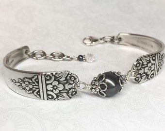Vintage Spoon Bracelet, Black Crystal Pearl, Silverware Jewelry, Customizable Bracelet - 'Arcadia' 1938