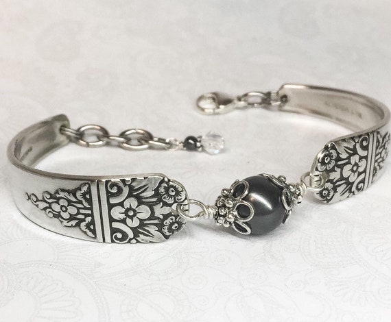 Vintage Spoon Bracelet, Black Crystal Pearl, Customizable Silverware Jewelry 'Arcadia' 1938