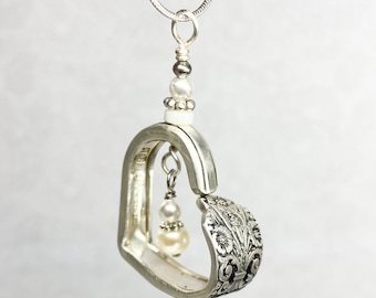 Collier coeur flottant cuillère, perles blanches, bijoux en argenterie, « précieux » 1941