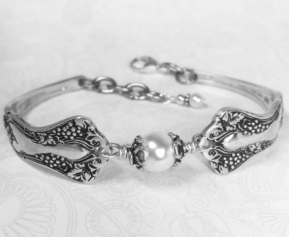 Antique Spoon Bracelet, Demitasse Spoon Jewelry, White Pearl, "Vintage Grapes" 1904