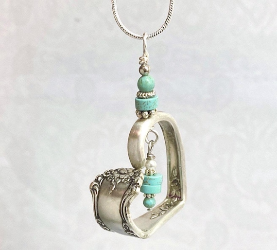 Floating Heart Spoon Necklace, Turquoise Beads, "Holiday" 1951