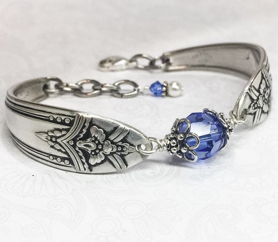 Art Deco Spoon Bracelet with Sapphire Blue Crystal, Customizable bracelet - 'La Ronnie' 1945