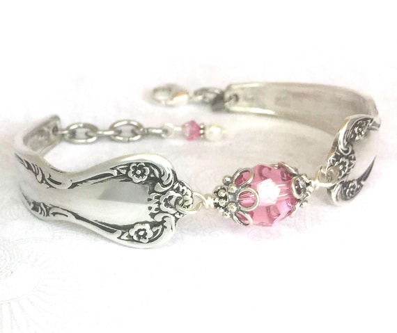 Vintage Spoon Bracelet, Pink Crystal, Birthstone Jewelry, Adjustable Bangle - 'Daybreak' Pattern 1952