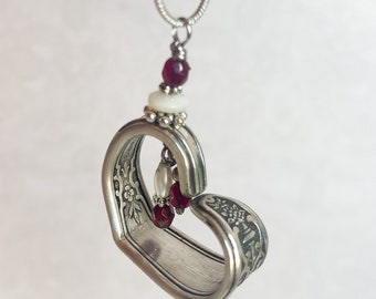 Floating Heart Spoon Necklace Pendant, Garnet Crystals, White pearls, Silverware Jewelry, "Lady Doris" 1929