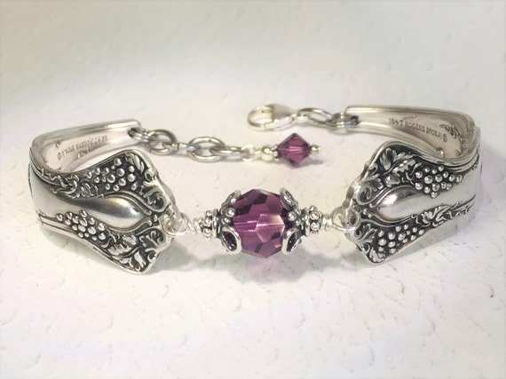 Antique Spoon Bracelet, Amethyst Crystals, "Vintage Grapes" 1904, Wine Lover Gift