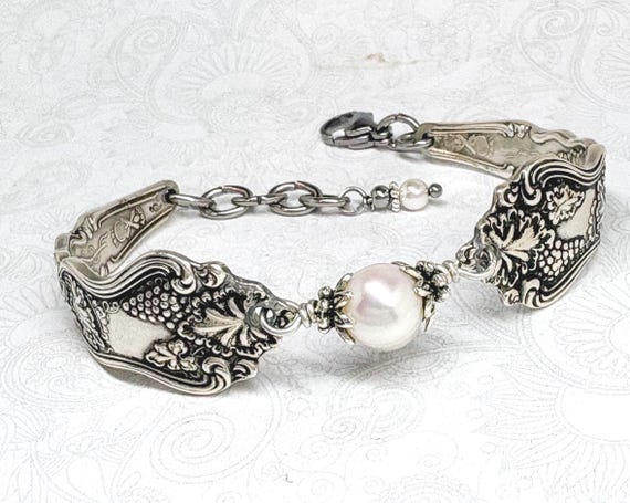 Customizable Antique Spoon Bracelet, Silverware Jewelry, "Moselle" 1906