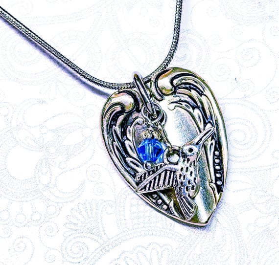 Heart Shaped Spoon Necklace, Blue Sapphire Crystal, Spoon Pendant, Silverware Jewelry, 'Chalice' 1958
