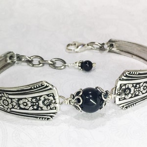 Vintage Spoon Bracelet, Spoon Jewelry, Black Onyx Gemstone, Silverware Bracelet - &#39;Fortune&#39; 1939