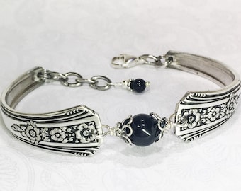 Vintage Spoon Bracelet, Spoon Jewelry, Black Onyx Gemstone, Silverware Bracelet - 'Fortune' 1939