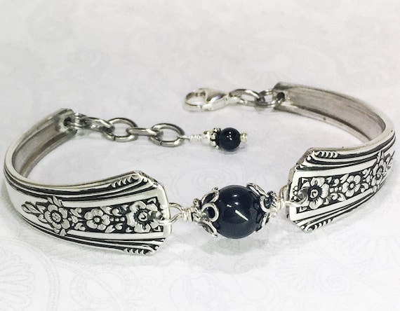 Vintage Spoon Bracelet, Spoon Jewelry, Black Onyx Gemstone 'Fortune' 1939