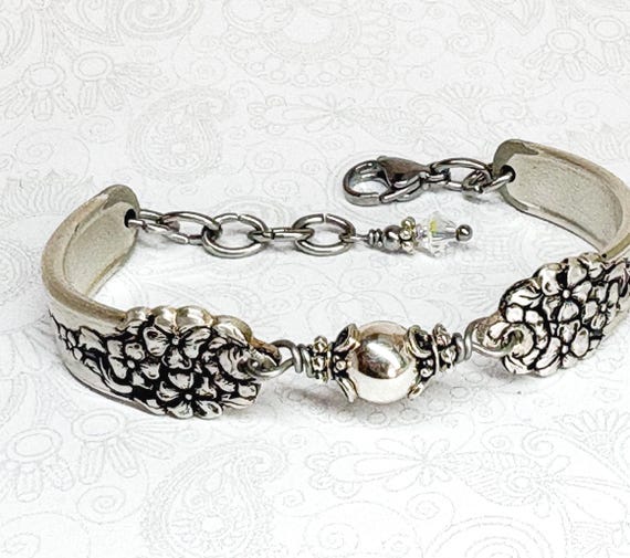 Spoon Bracelet with Sterling Silver Beads, Silverware Jewelry 'Moss Rose' 1949