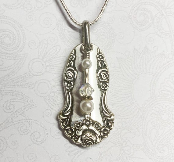 Rose Spoon Necklace, White Pearls, Silverware Jewelry, "Holiday" 1951