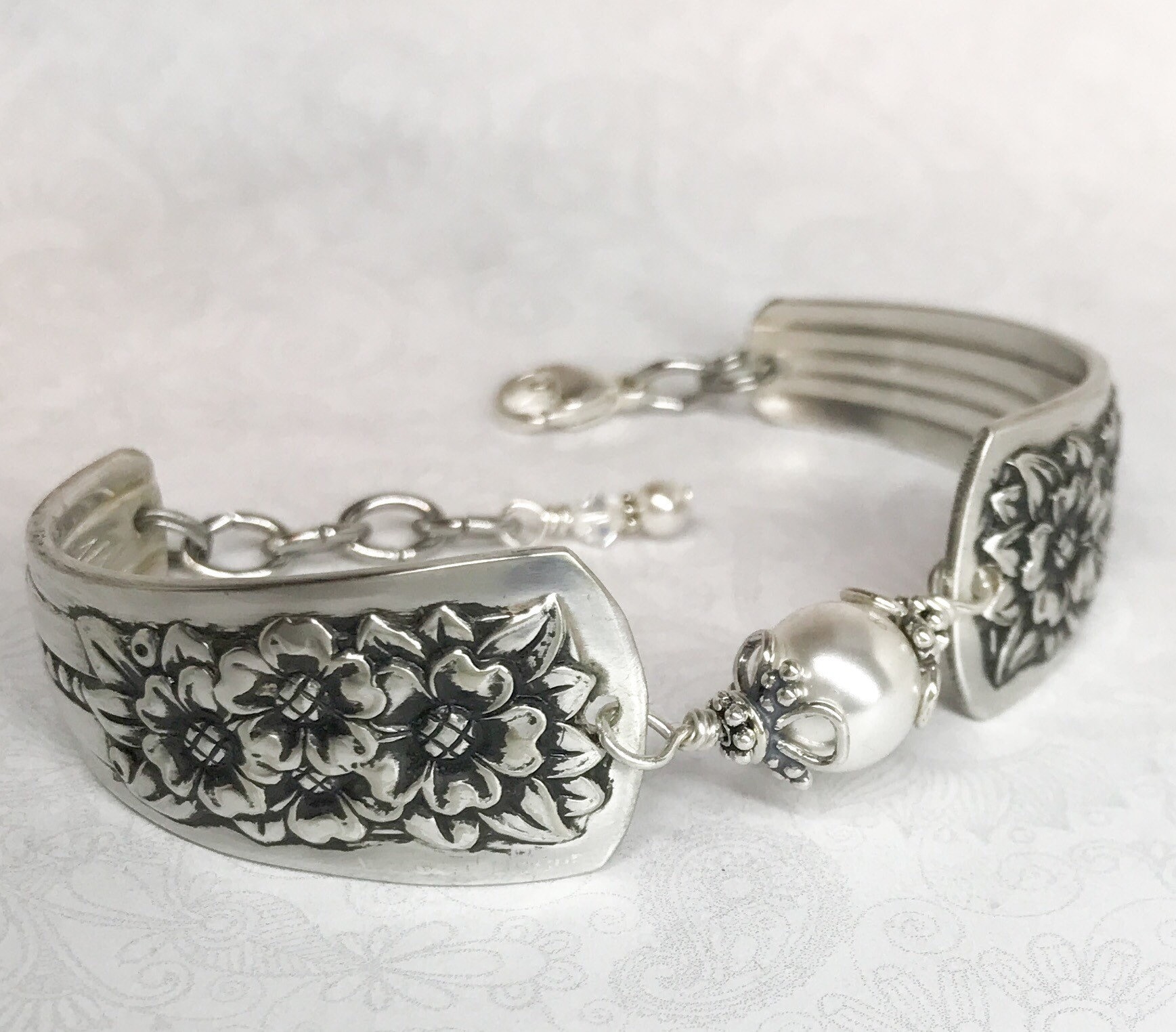Vintage Spoon Bracelet, White Pearl, Silverware Jewelry, 'Silver Belle ...