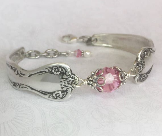 Spoon Bracelet, Pink Rose Swarovski Crystal, Birthstone Jewelry - 'Daybreak' 1952