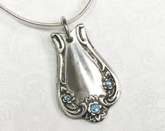Spoon Necklace, Aquamarine Crystals, Spoon Pendant, Silverware Jewelry, 'Daybreak' 1952